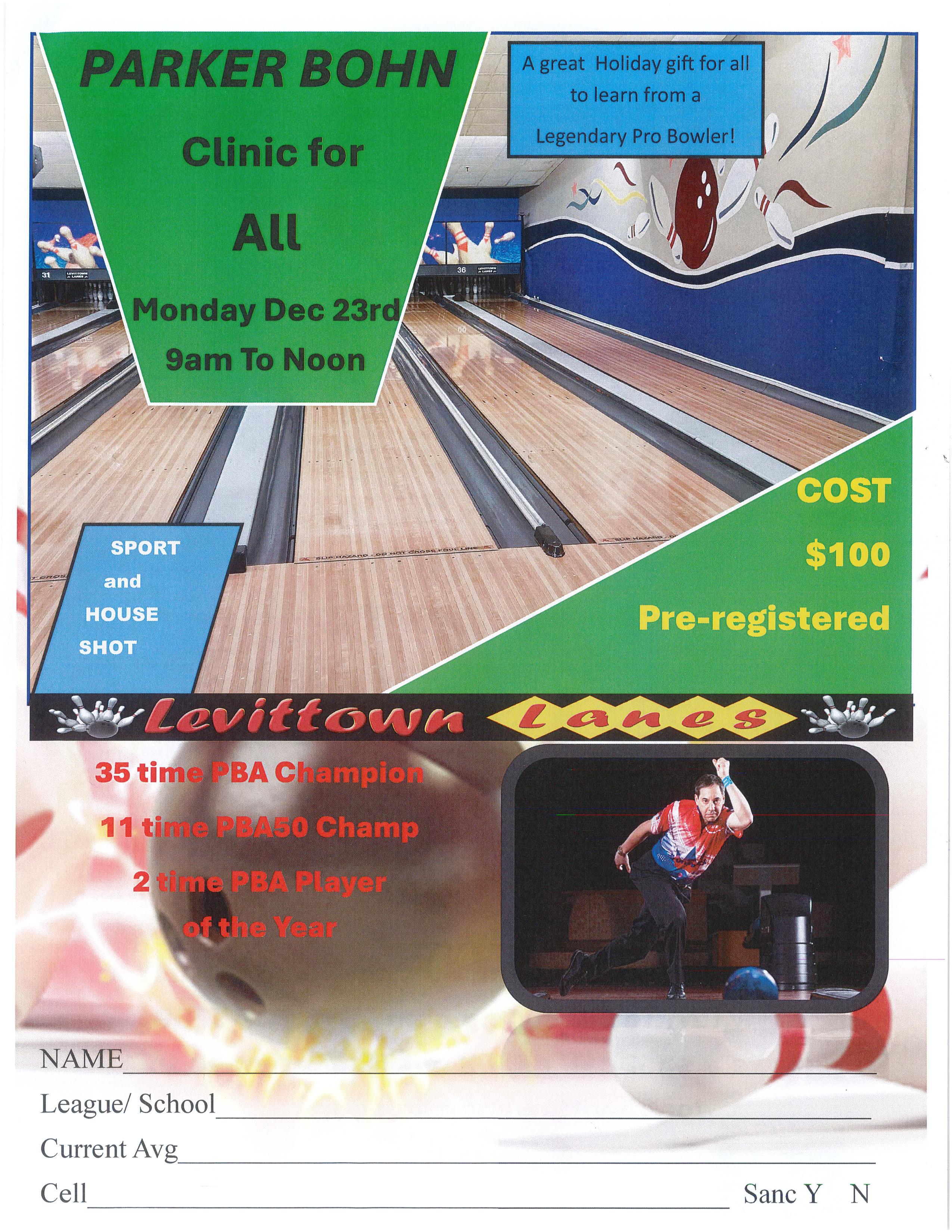 Parker Bohn III Clinic for All, coming to Levittown Lanes, Mon. Dec 23rd, 9am to Noon